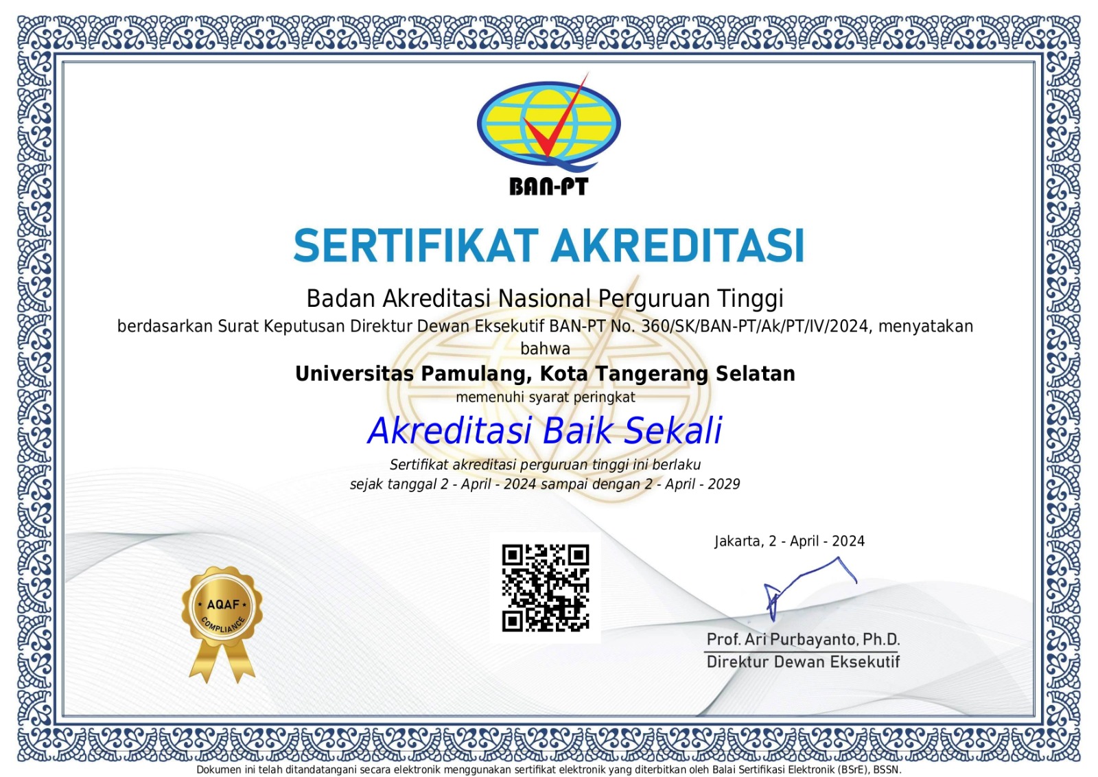 Sertifikat Akreditasi UNPAM