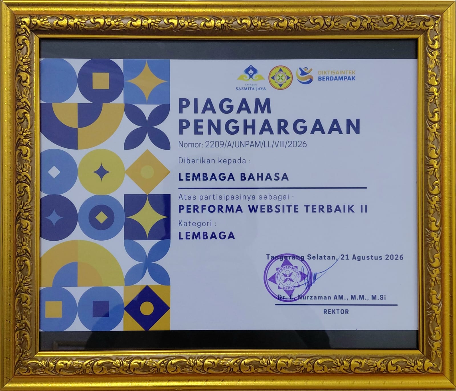 Lembaga Bahasa UNPAM Raih Peringkat Kedua Performa Website Terbaik