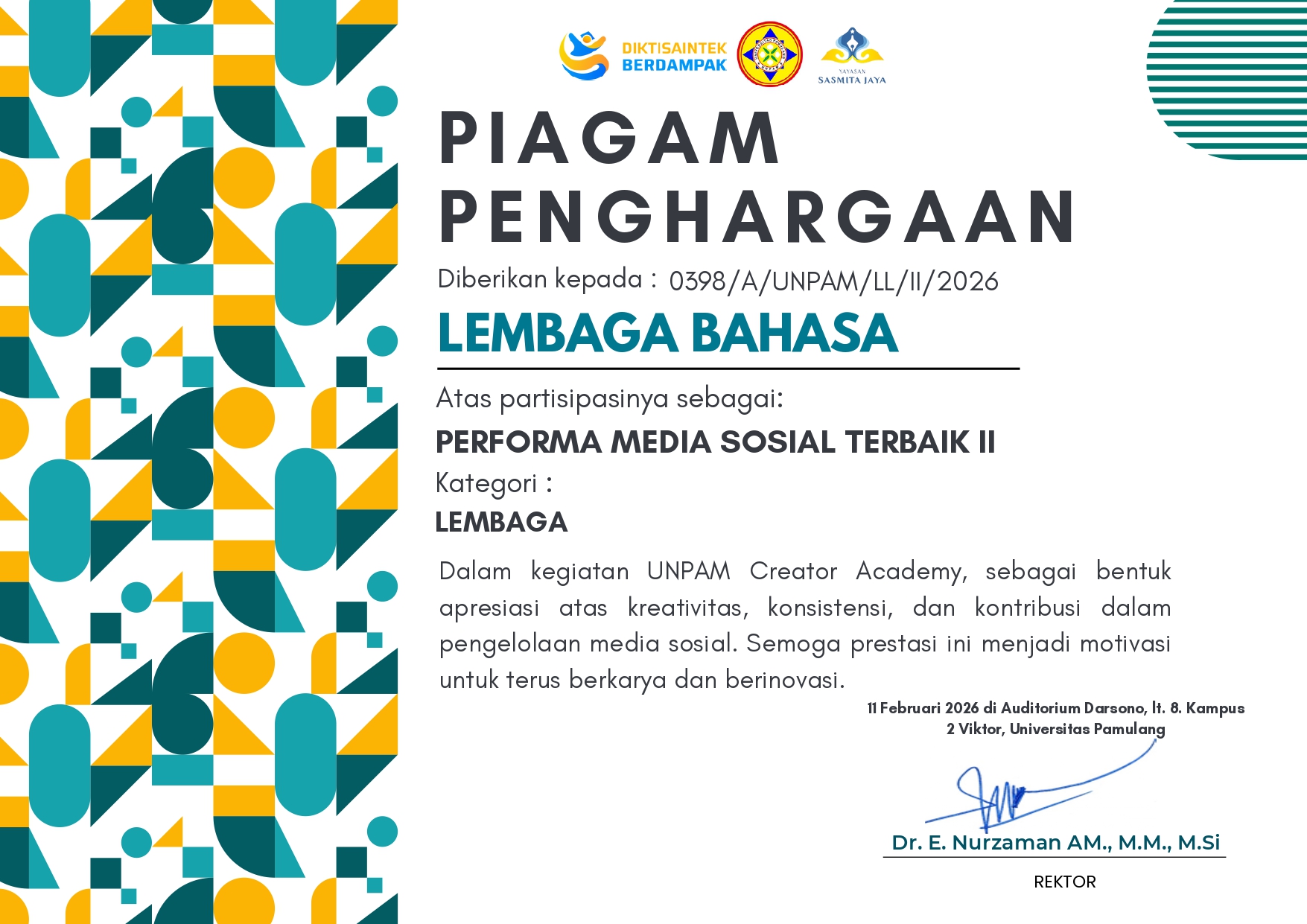 Lembaga Bahasa Meraih Predikat Performa Media Sosial Terbaik II.