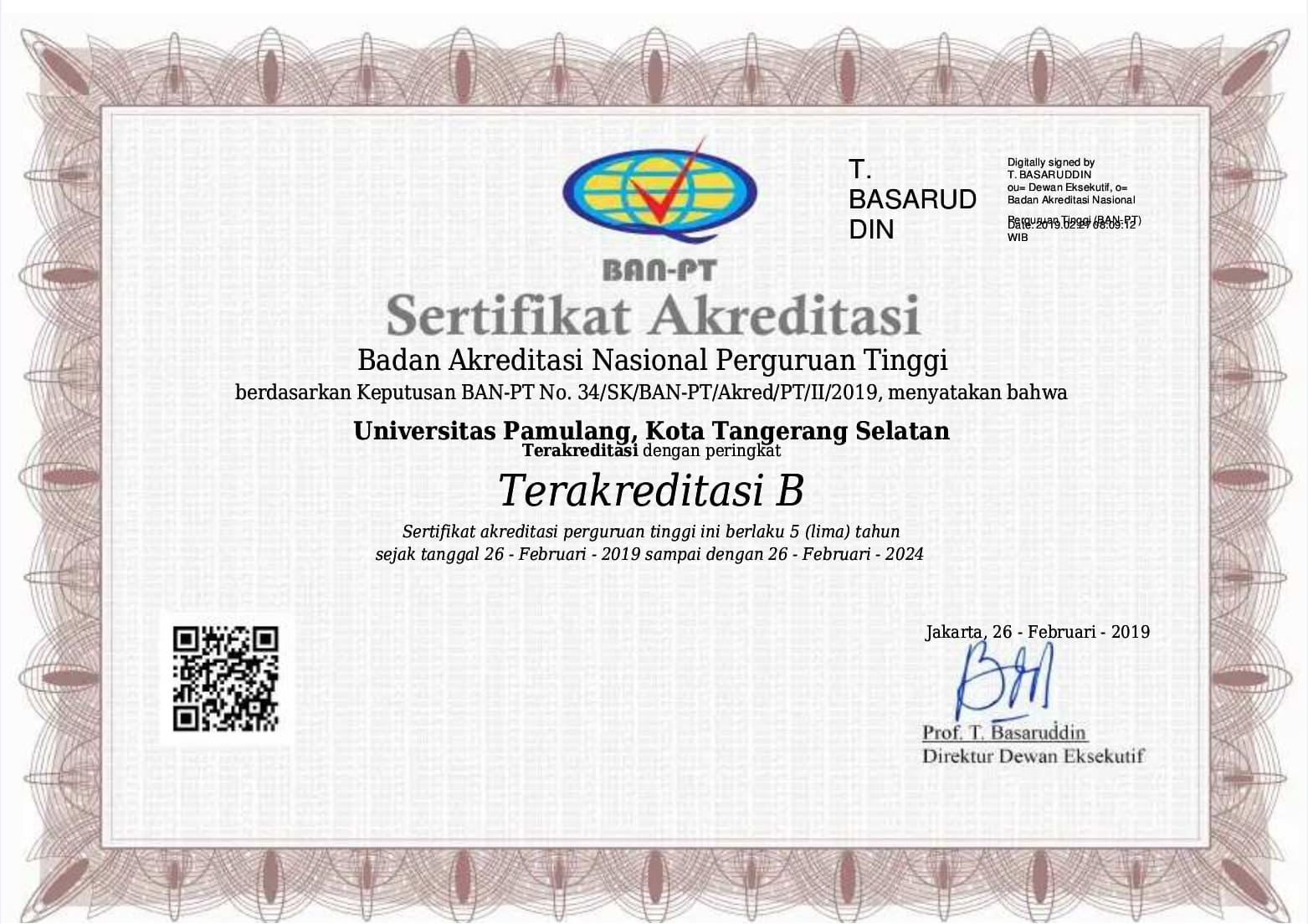 Sertifikat Akreditasi BAN-PT Universitas Pamulang